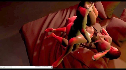 3D-Animation eines Hermaphroditen, der wild mit einem hübschen Mädchen Spaß hat